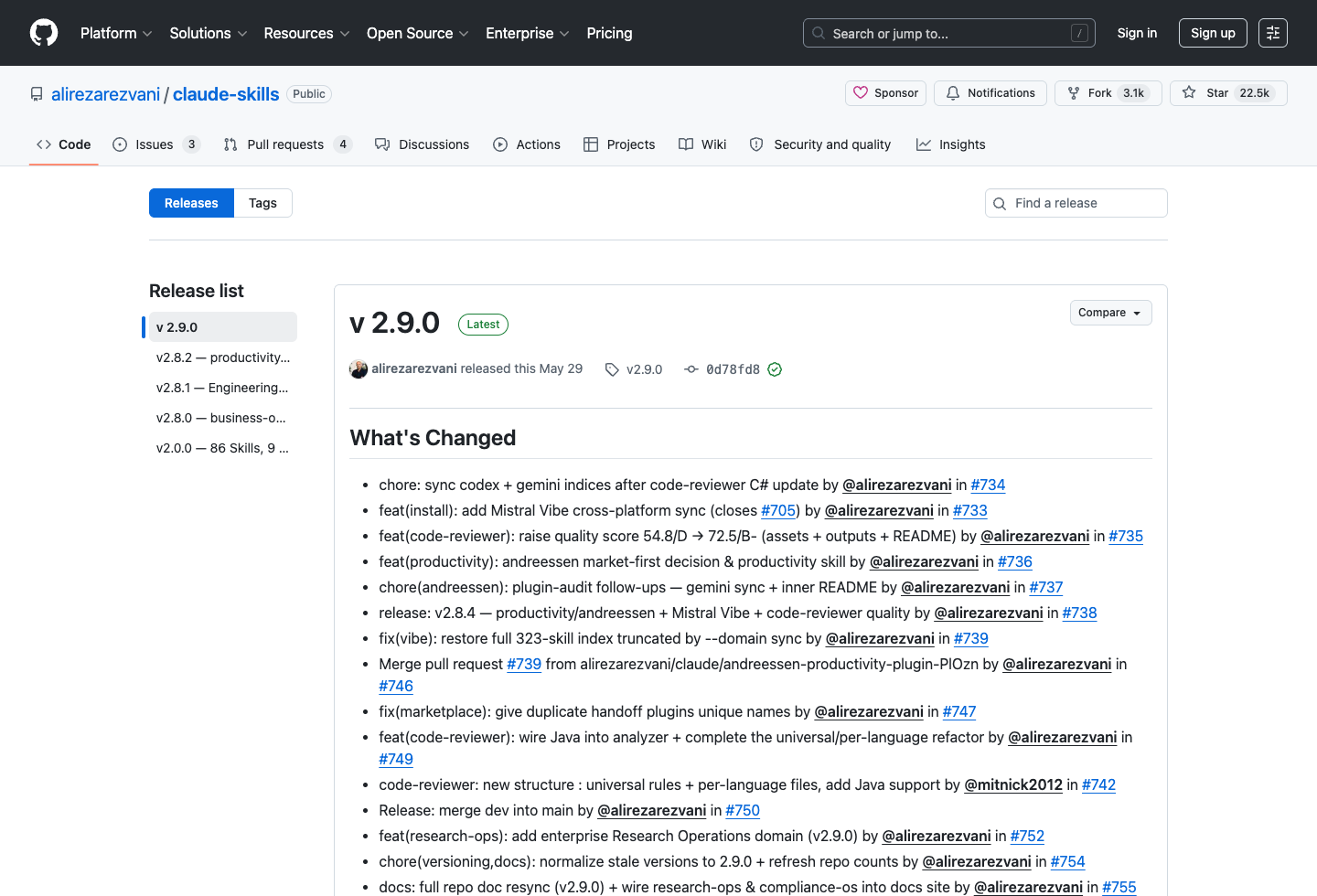 claude-skills GitHub Releases 页面显示 v2.9.0 版本变更列表