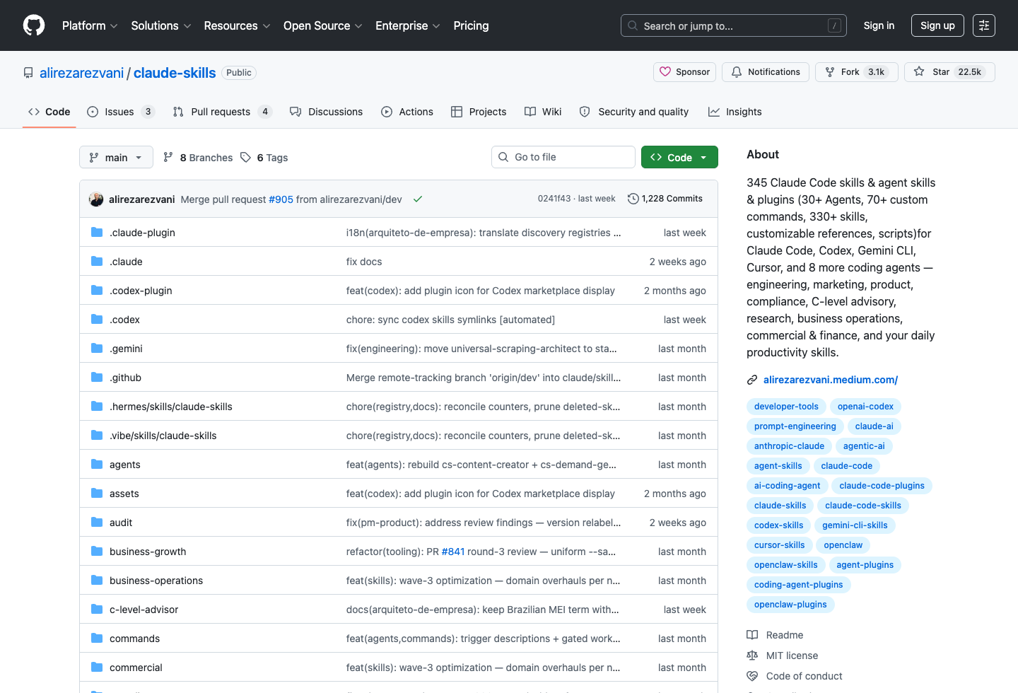 alirezarezvani/claude-skills GitHub 仓库页面显示 README 与项目概况