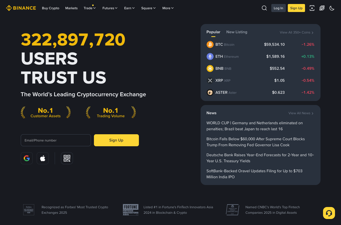Binance 官网首页显示品牌标识和顶部导航入口