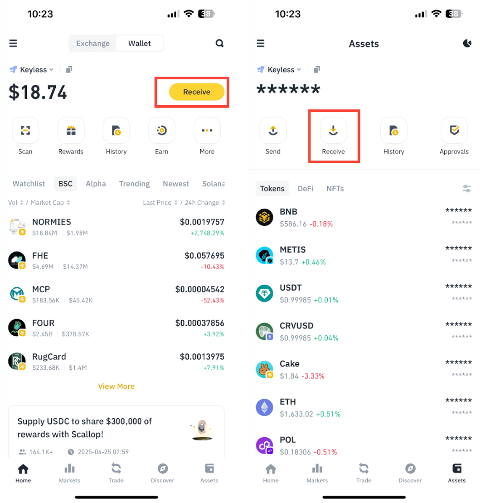 币安官方 Web3 浅包 Receive 入口截图,展示在浅包页点击 Receive 或资产页点击 Receive 的位置
