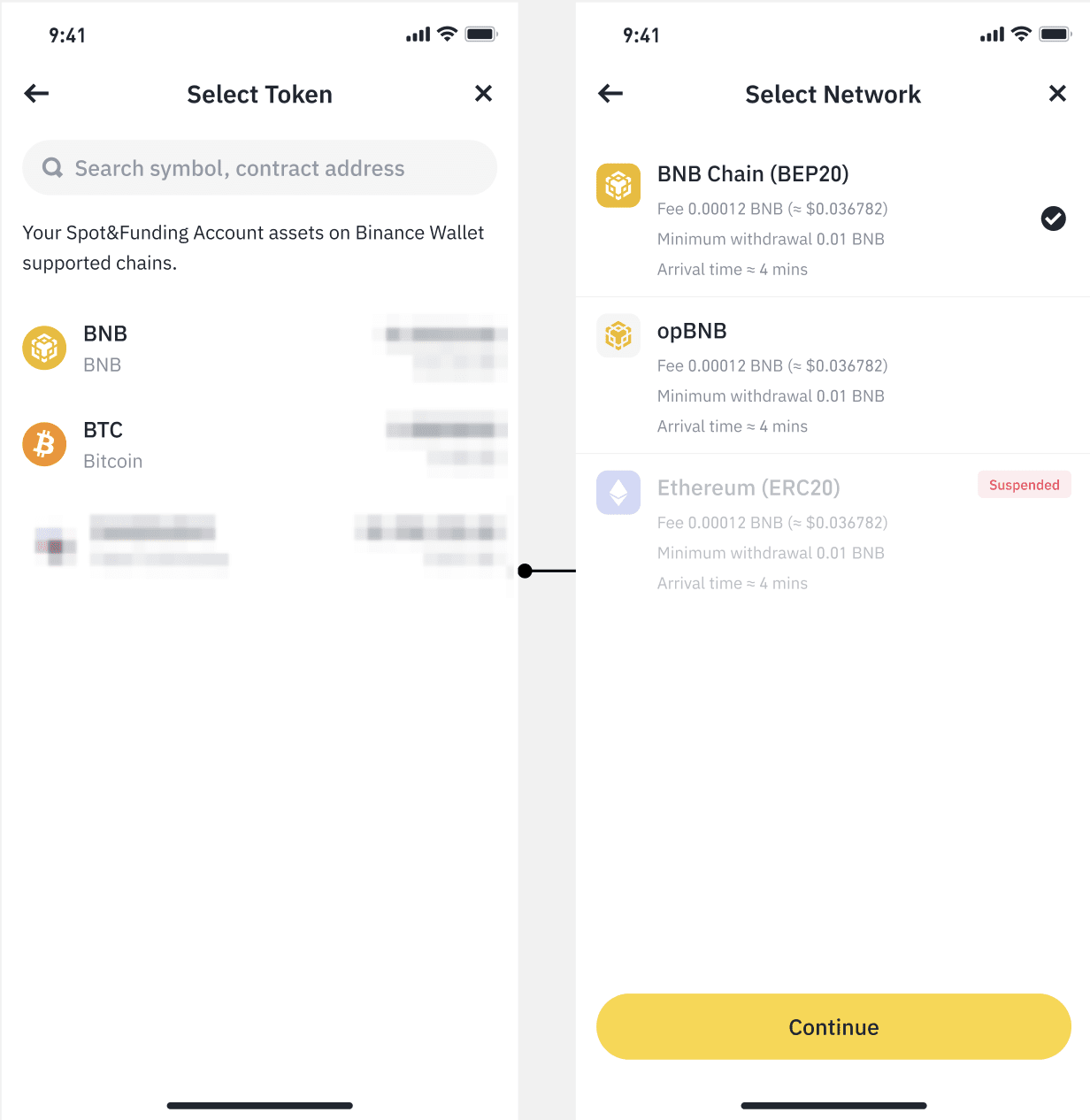 币安官方 Web3 浅包选择币种和网络截图,展示选择 Token 后确认 BNB Chain 等网络的页面