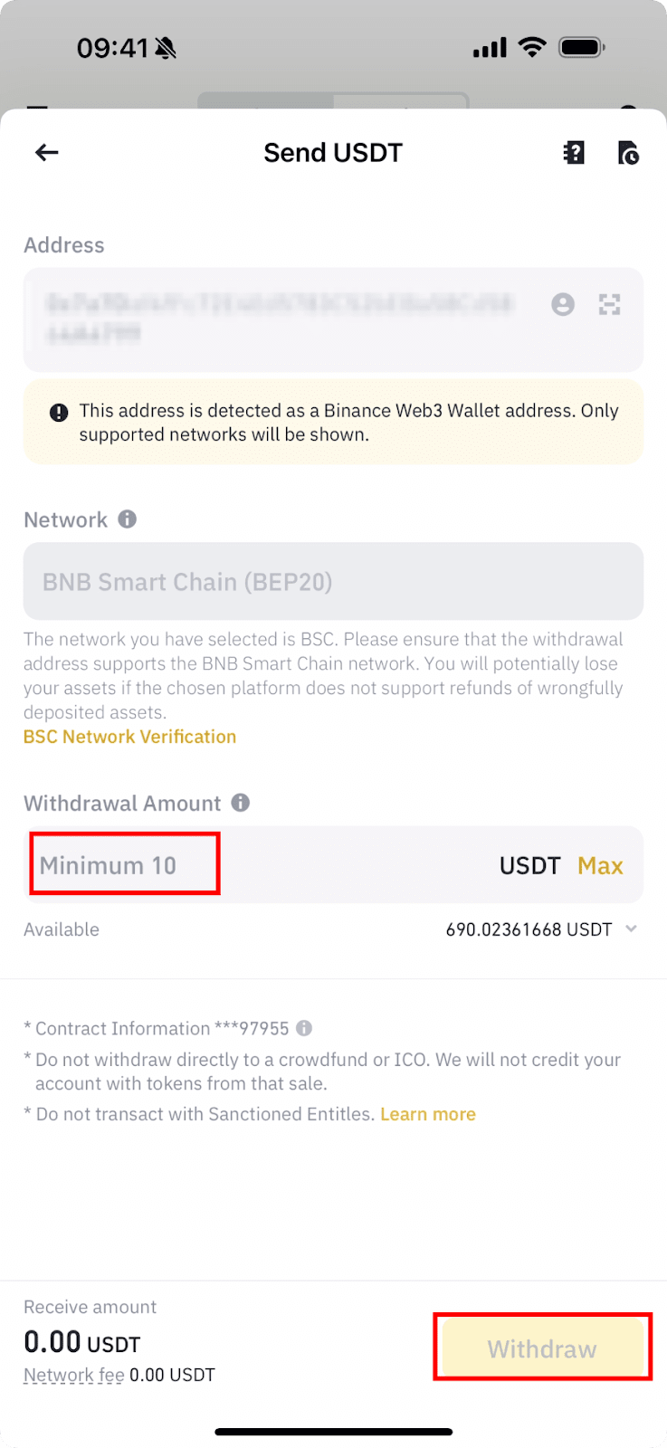 币安官方 Web3 浅包发送 USDT 确认页截图,展示地址识别、网络、最小数量和 Withdraw 按钮