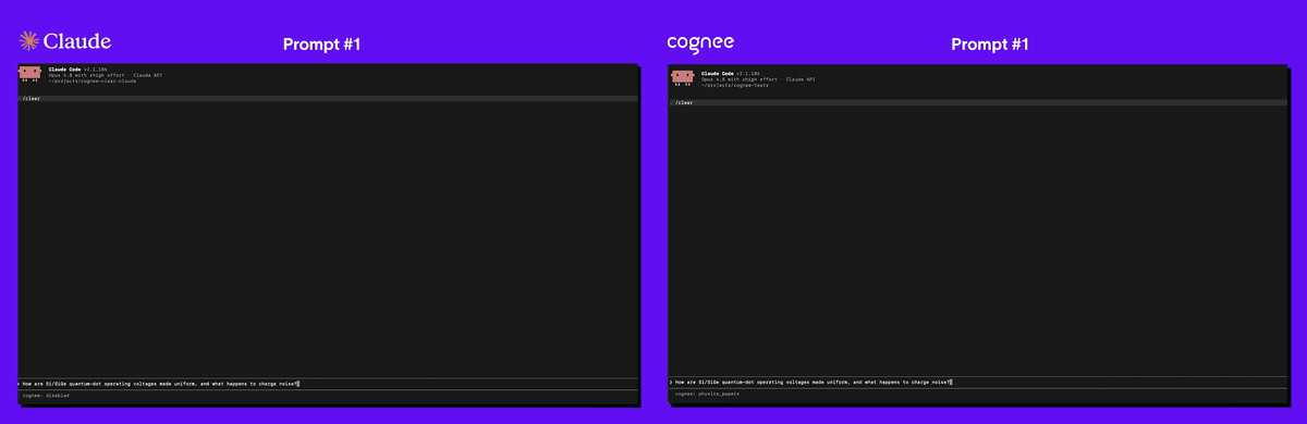 Cognee 官方演示动图,对比 Claude 首次提问与接入 Cognee 记忆后的会话效果