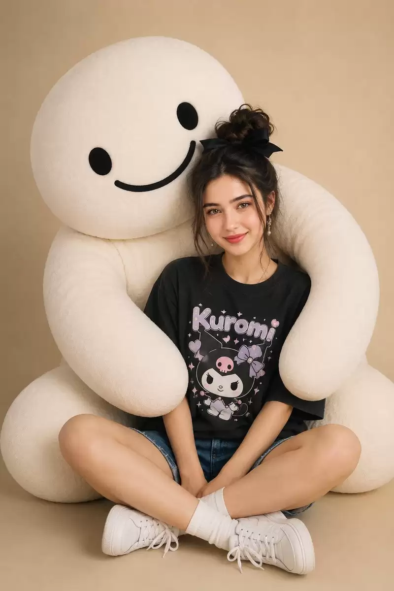 同巨型毛绒吉祥物合影的女性
