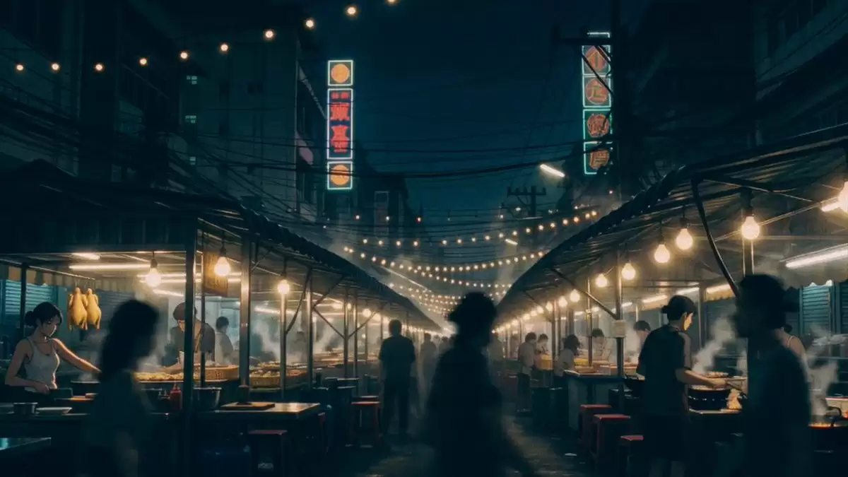 曼谷夜市烹饪画面