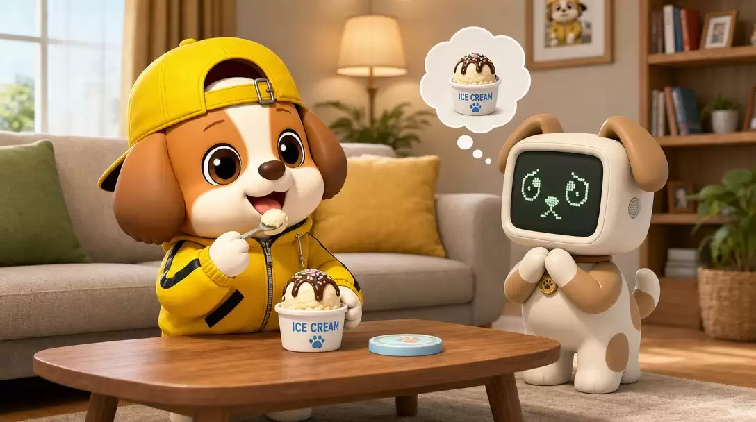 小狗与机器狗共品冰淇淋场景