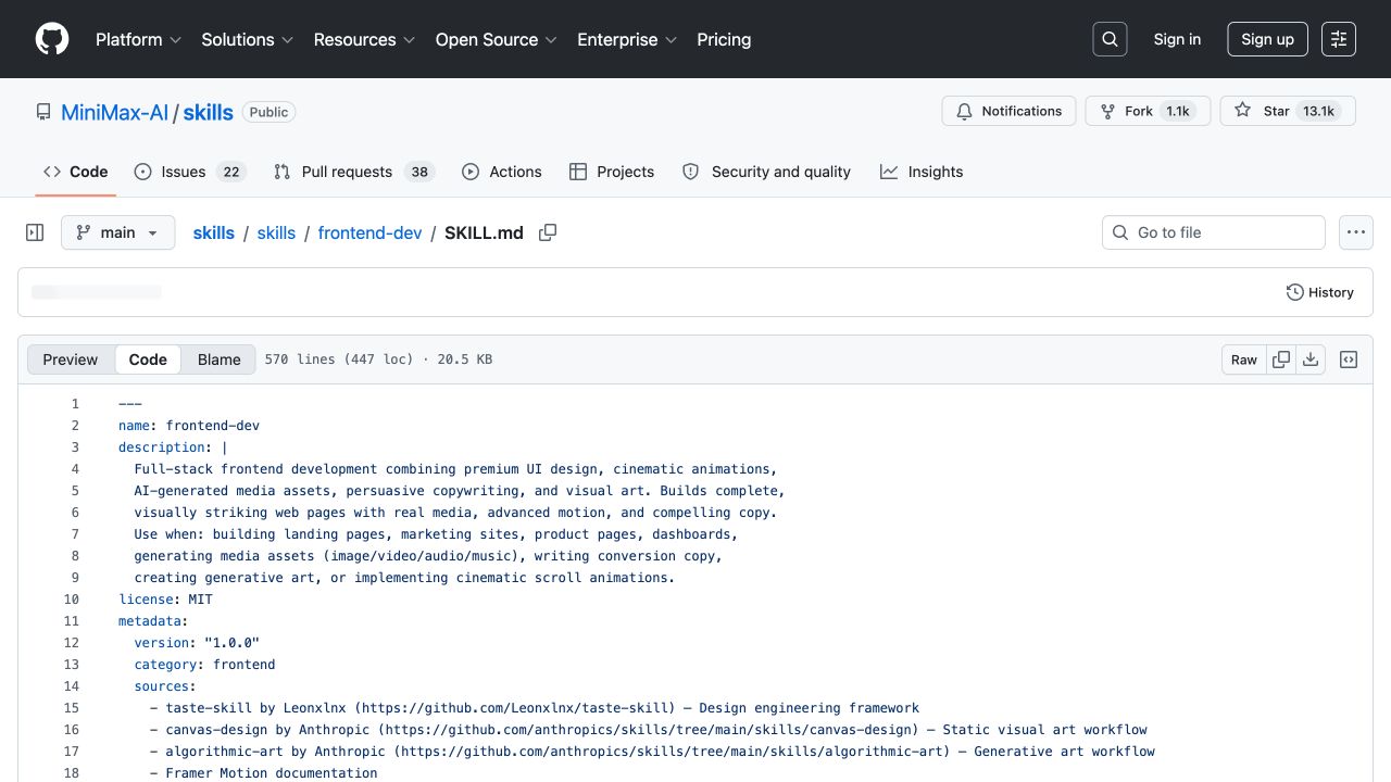 MiniMax Skills 官方 frontend-dev 技能说明