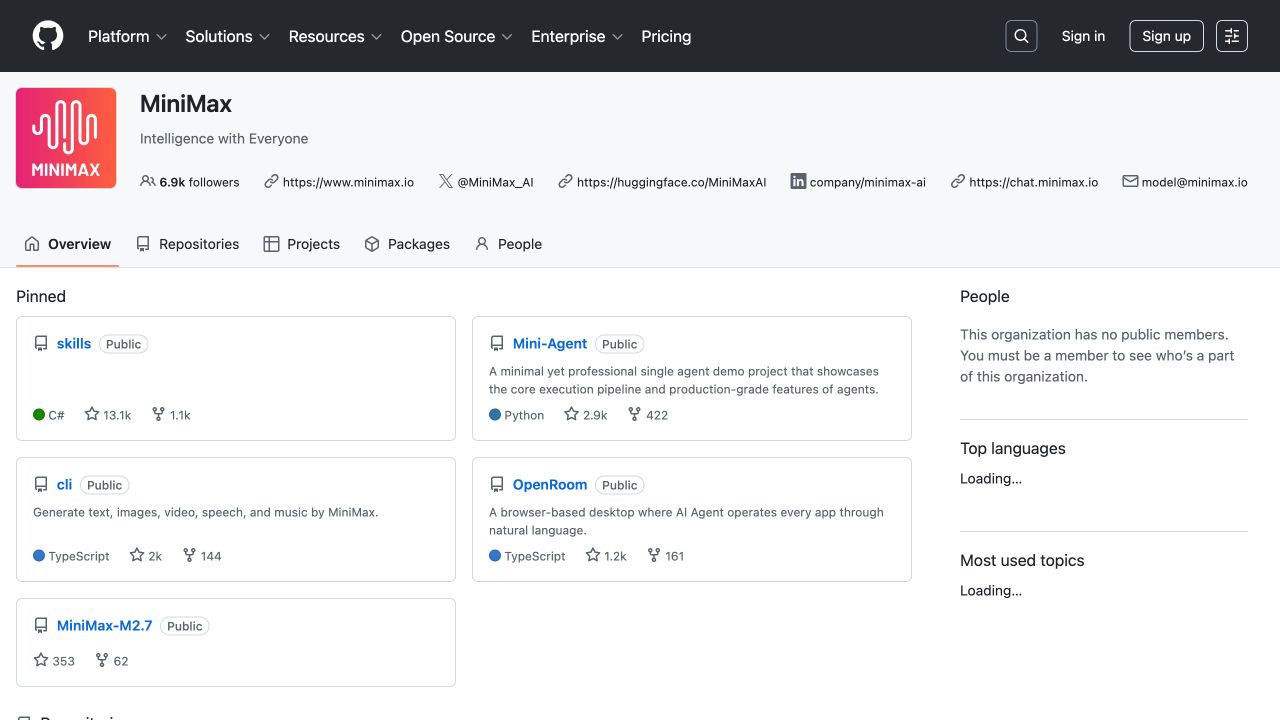 MiniMax 官方 GitHub 组织首页及置顶 skills 仓库