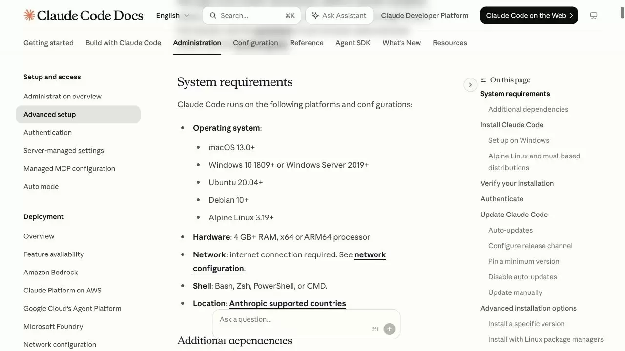 Anthropic Claude Code 官方系统要求页面，列出 macOS 13.0、4GB 内存、ARM64或x64处理器、网络和Shell要求