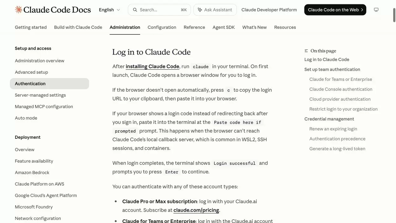 Anthropic Claude Code 官方认证页面，说明首次运行claude会打开浏览器、按c复制登录网址以及Login successful成功标志