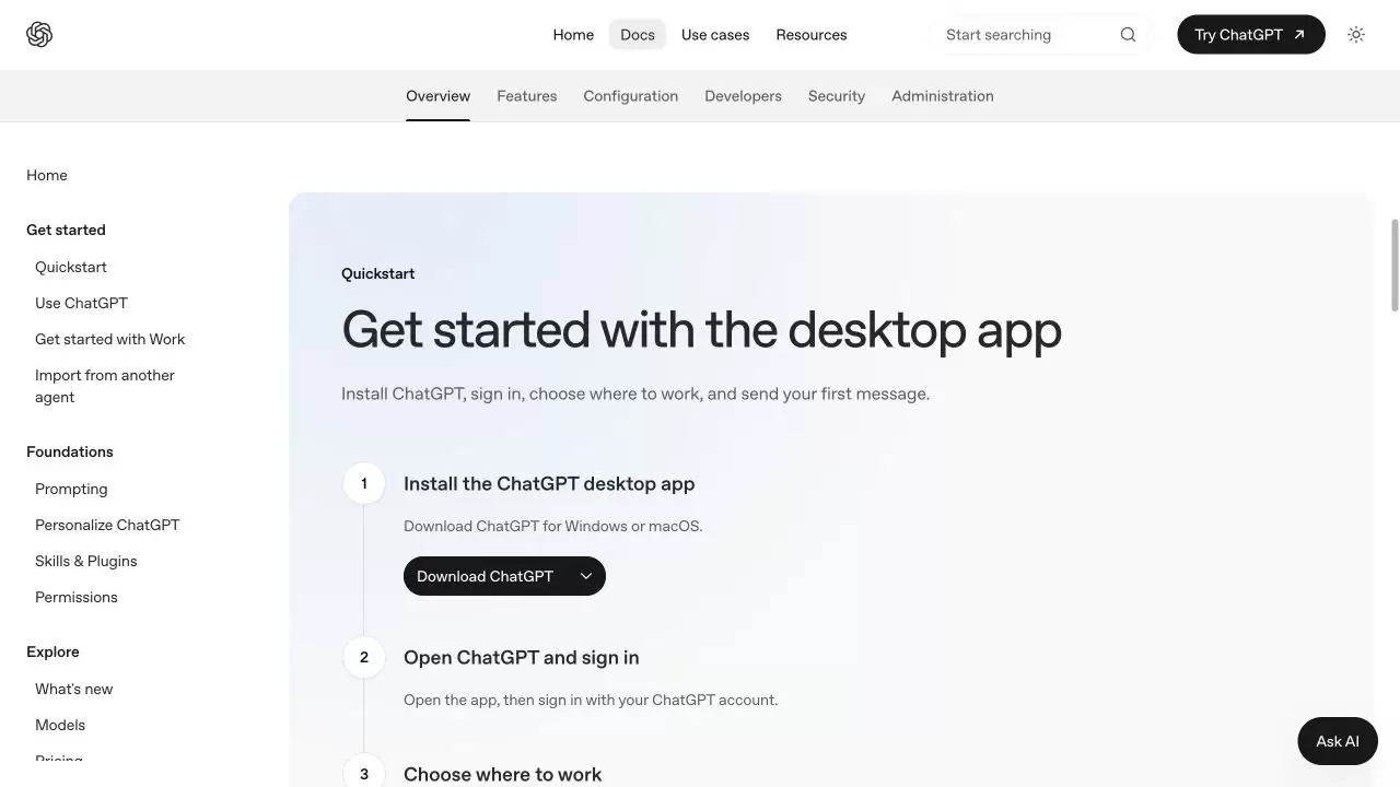 OpenAI 桌面应用快速开始页面把安装 ChatGPT 列为第一步