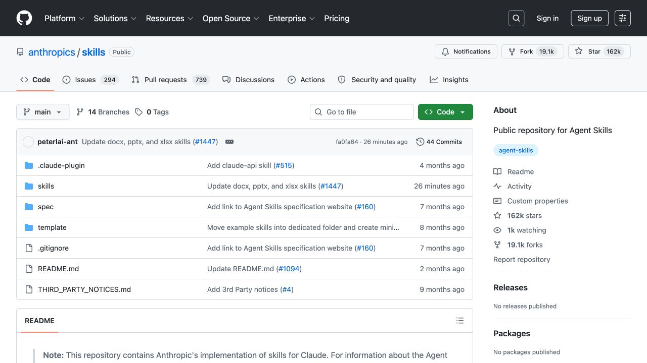 GitHub 上 anthropics/skills 官方 Agent Skills 示例仓库首页