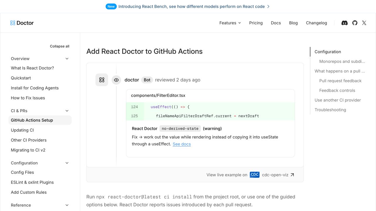 React Doctor 官方 GitHub Actions 设置页面