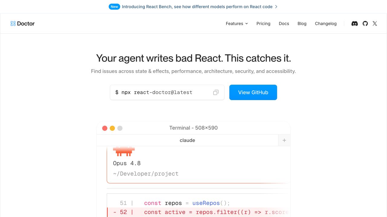 React Doctor 官网首页展示 npx react-doctor@latest 命令与 React 问题诊断定位