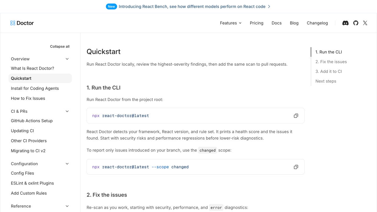 React Doctor 官方 Quickstart 页面展示全量扫描与 changed 范围扫描命令