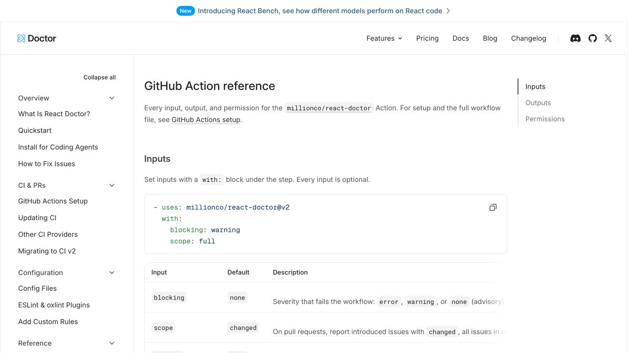 React Doctor 官方 GitHub Action Reference 页面展示 blocking、scope 输入及默认值
