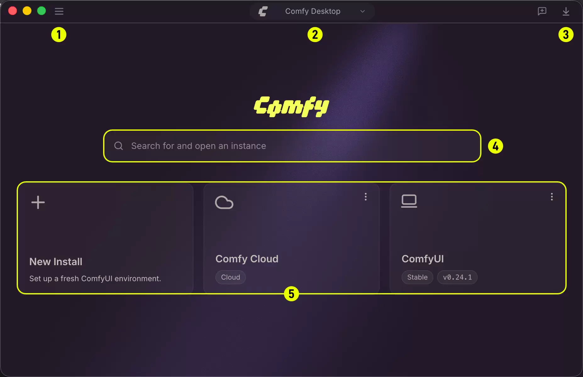 ComfyUI Desktop 仪表盘界面，左侧是应用菜单，中央区域可新建或管理实例