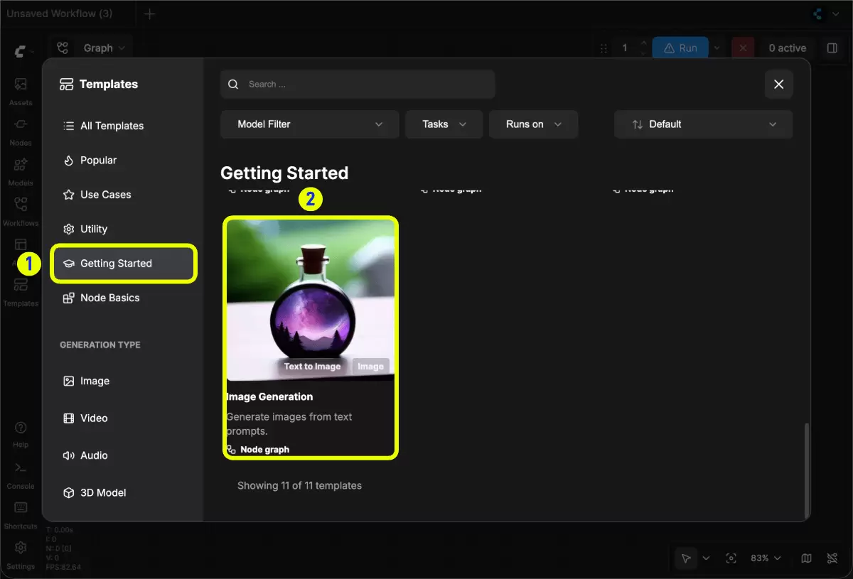 ComfyUI 默认模板库界面，Image Generation 工作流可直接加载