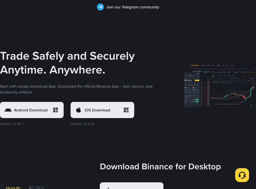 Binance 官方下载页面显示 Android Download 与 iOS Download 两个手机端入口
