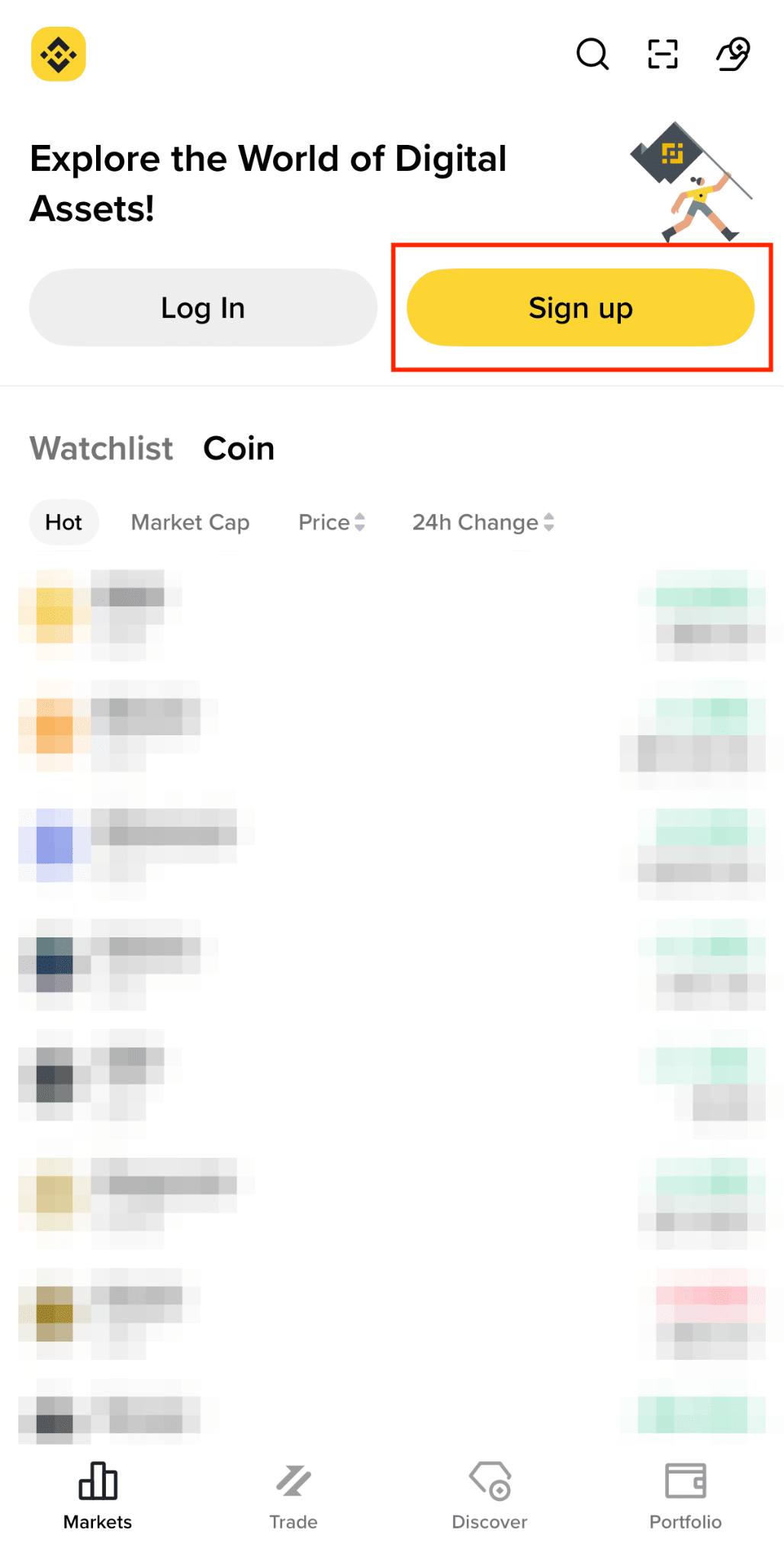 Binance App 首次打开后的市场首页与 Log In、Sign up 入口