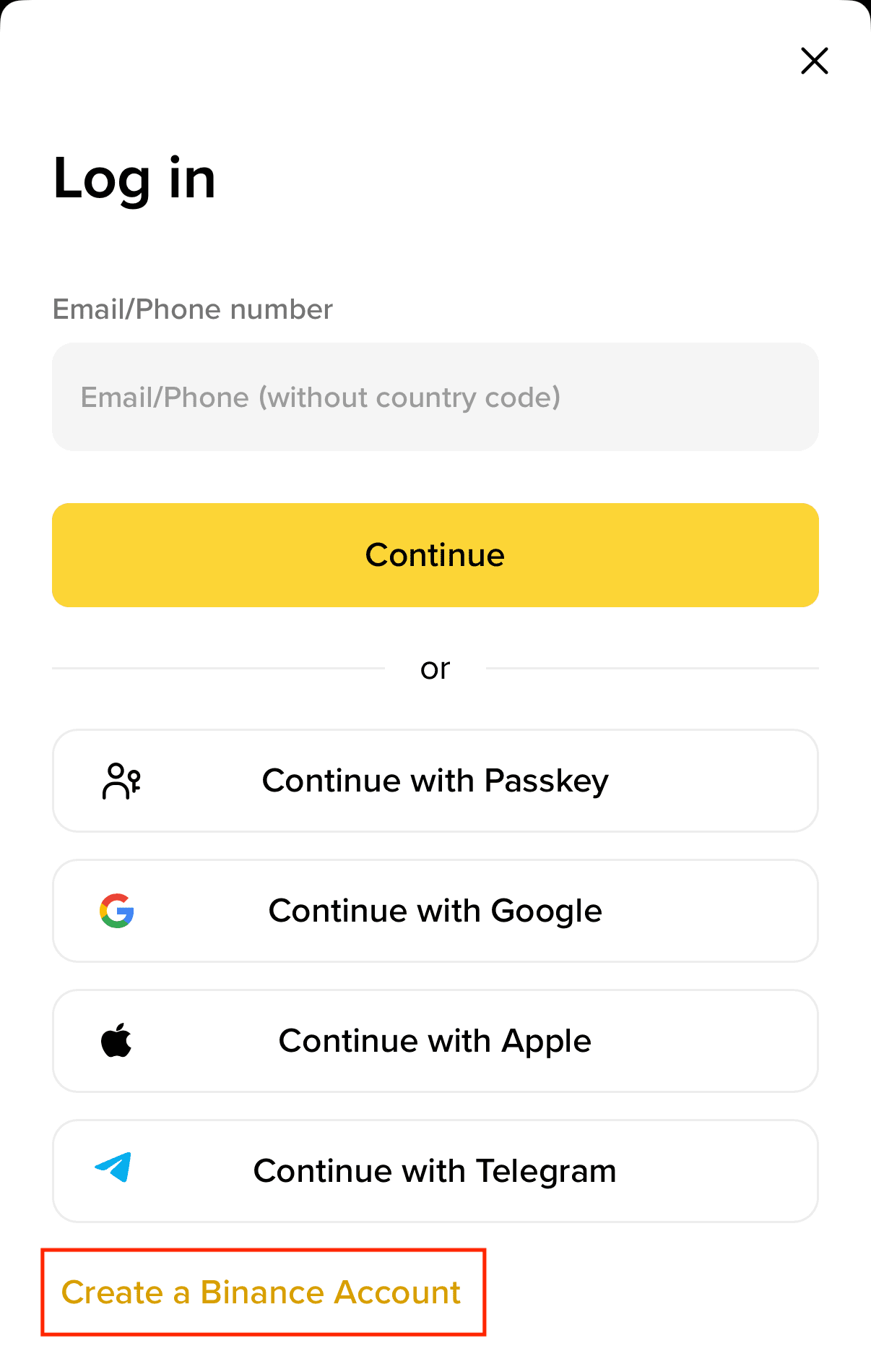 Binance App 登录页面显示邮箱手机号输入框和创建账户入口