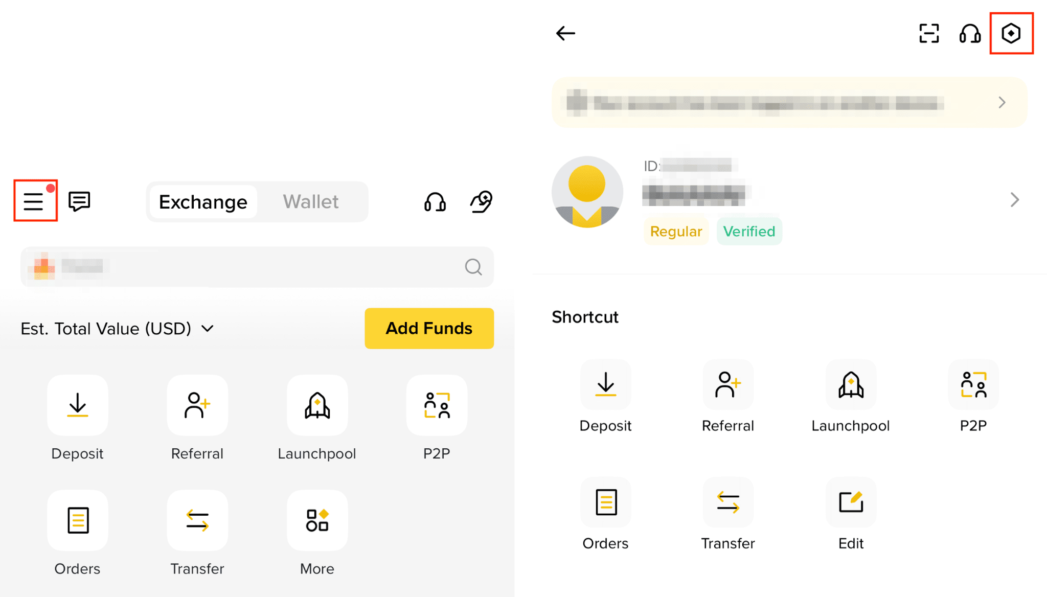 Binance App 首页菜单按钮、账户中心与右上角设置图标的位置