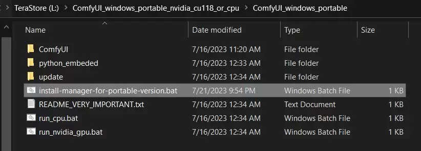 Windows 资源管理器中的 ComfyUI 便携版根目录，install-manager-for-portable-version.bat 与 run_nvidia_gpu.bat 位于同一层