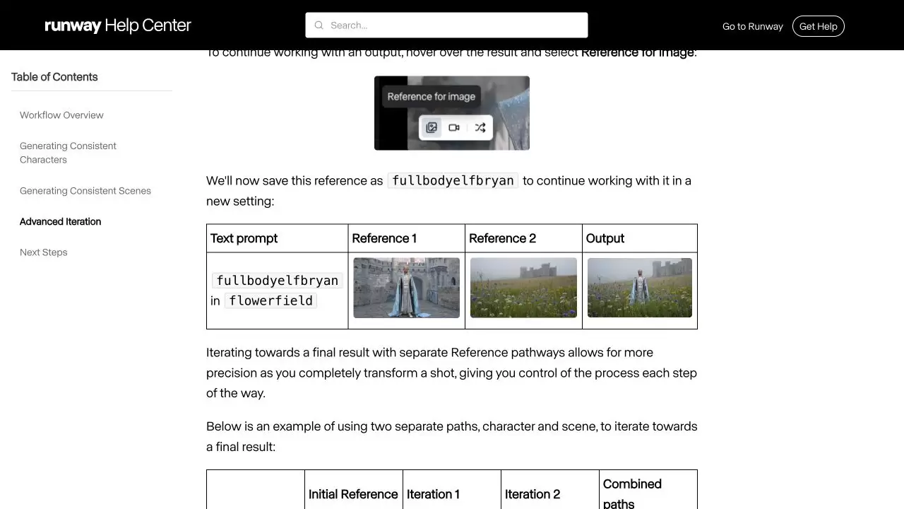 Runway 官方帮助页中的 Reference for image 按钮和参考图复用示例