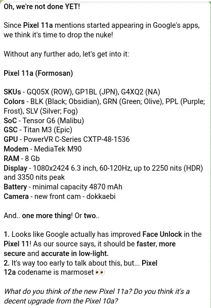 （G-G） Pixel 11a 手机现身：Tensor G6 自研芯片 联发科 M90 基带