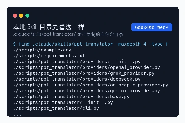 ppt-translator 本地 Skill 目录中包含 SKILL.md、scripts 和 provider 文件