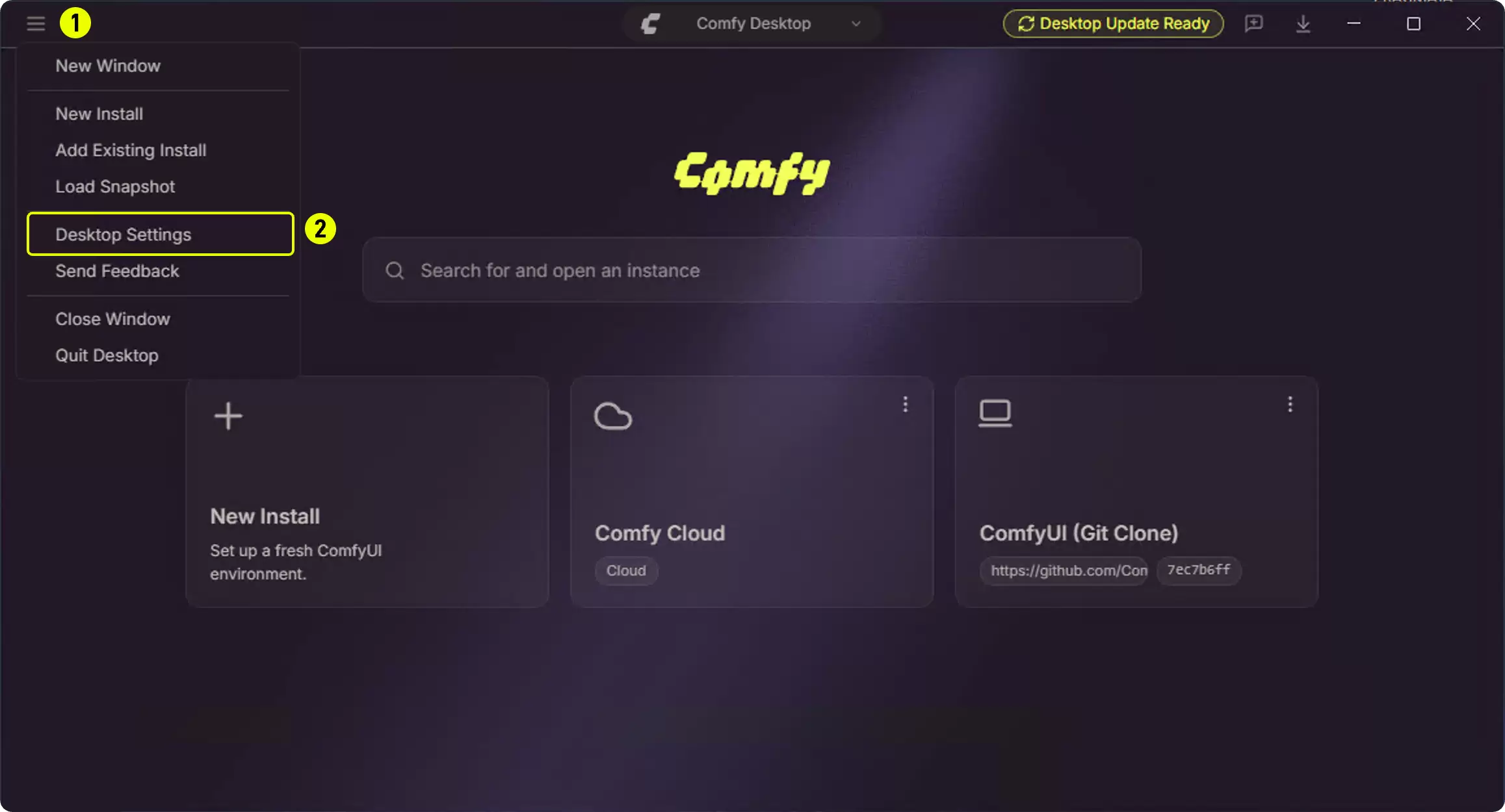 Comfy Desktop 左上角菜单中 Desktop Settings 的入口位置