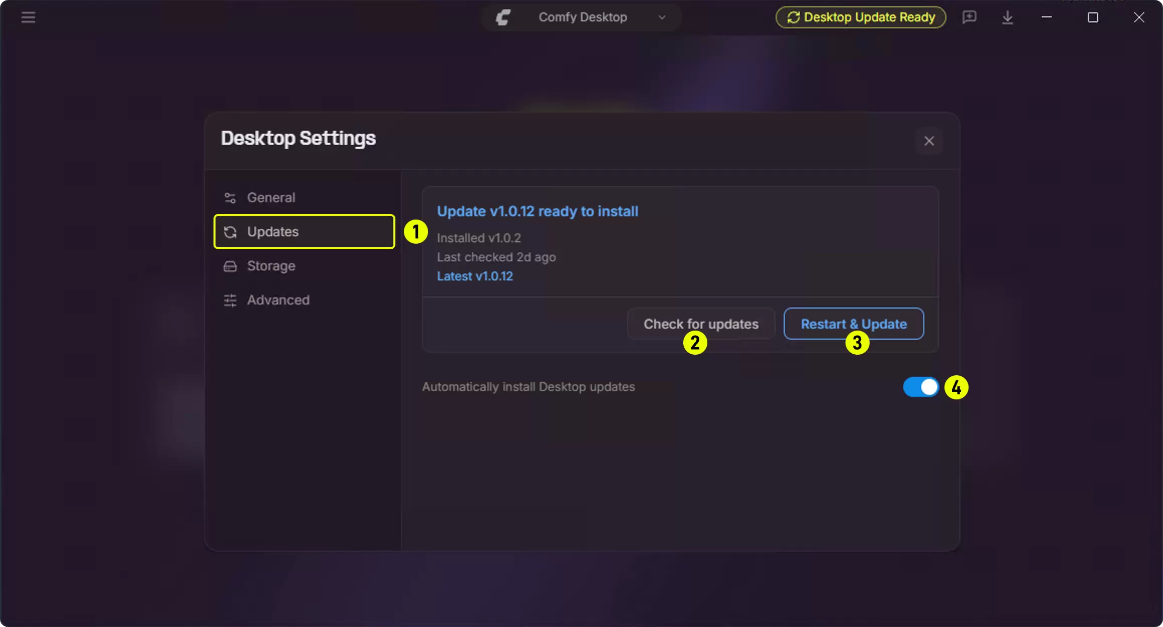 Comfy Desktop Updates 面板中的检查、重启更新与自动更新控件