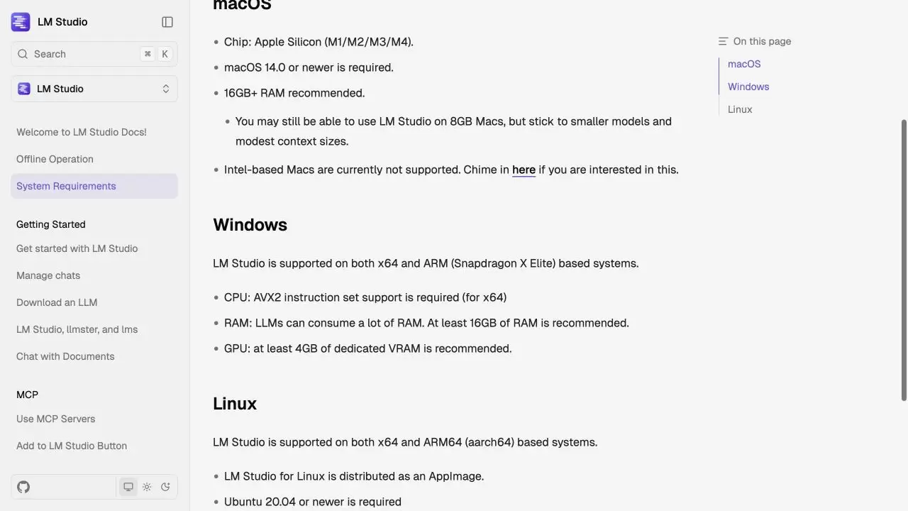 LM Studio 官方系统要求页面的 Windows 段落，列出 x64、ARM、AVX2、内存和显存建议