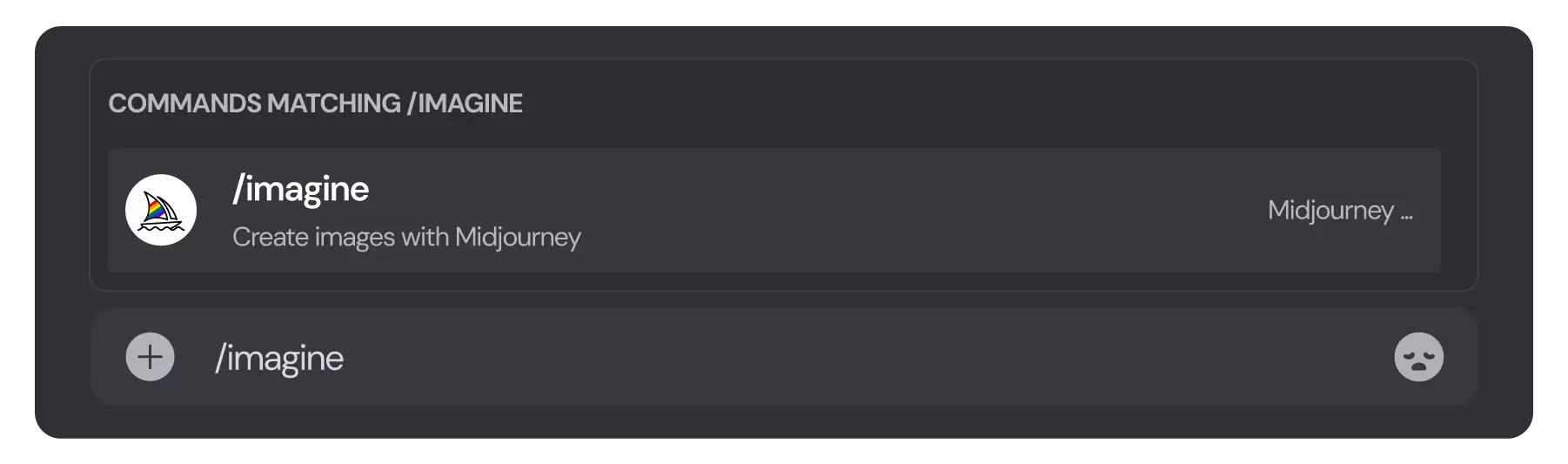 Discord 消息框上方的命令列表显示 Midjourney 的 /imagine Create images with Midjourney 命令