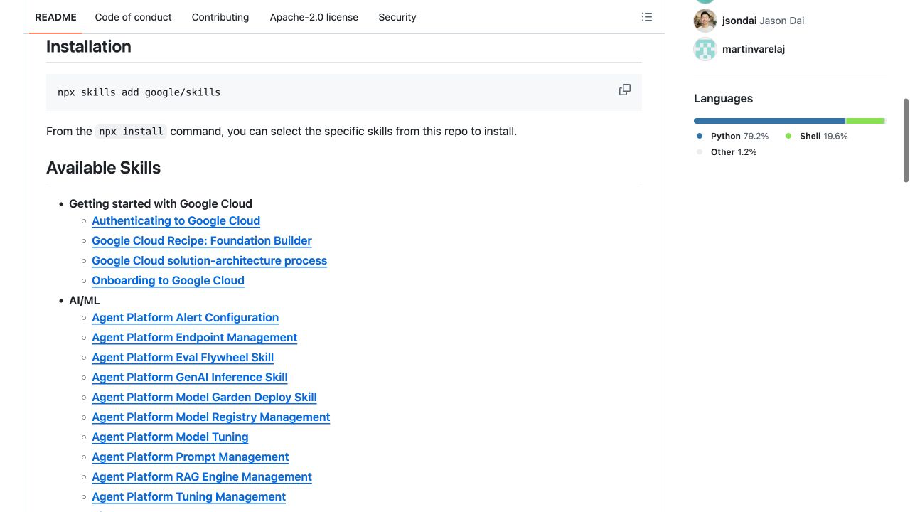 Google skills 官方 README 中的安装命令和 Available Skills 列表