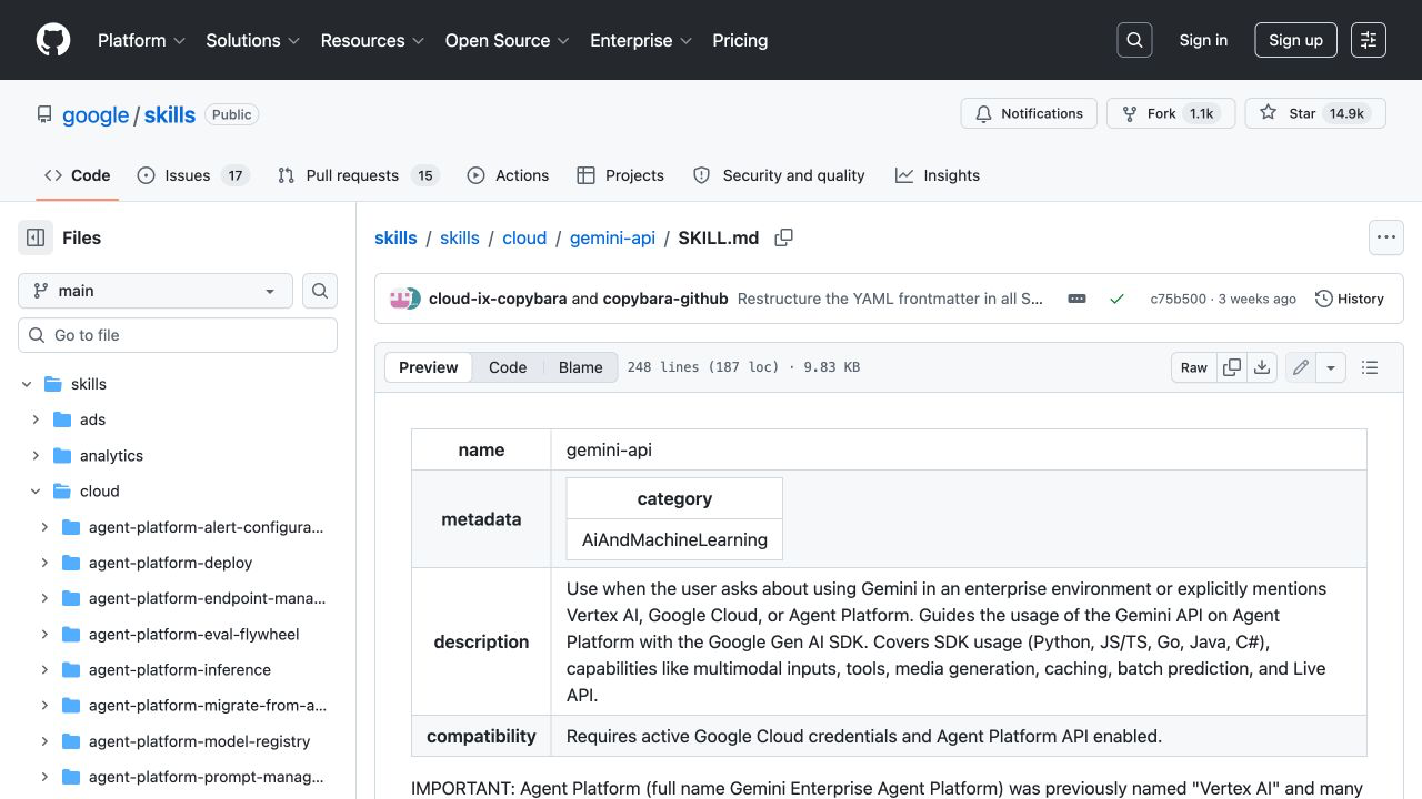 google skills 仓库中 Gemini API 技能的 SKILL.md 元数据和兼容性说明