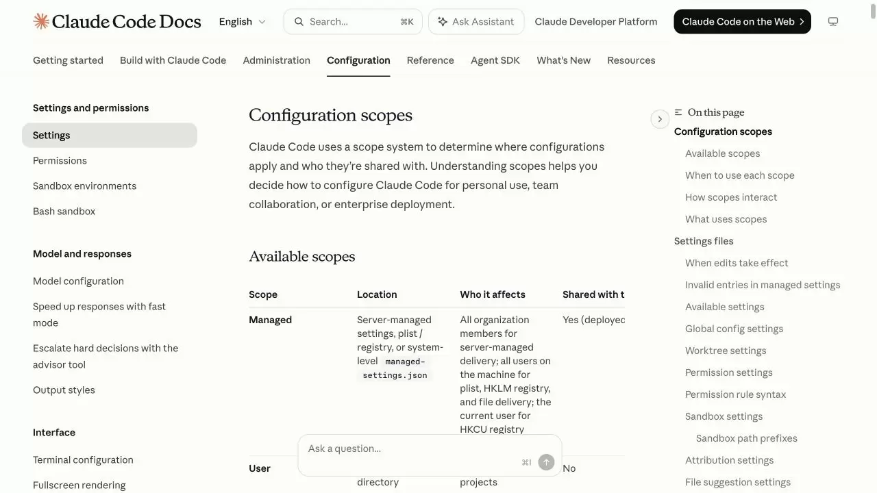Claude Code 官方设置页展示 Managed、User、Project 与 Local 配置作用域及影响范围