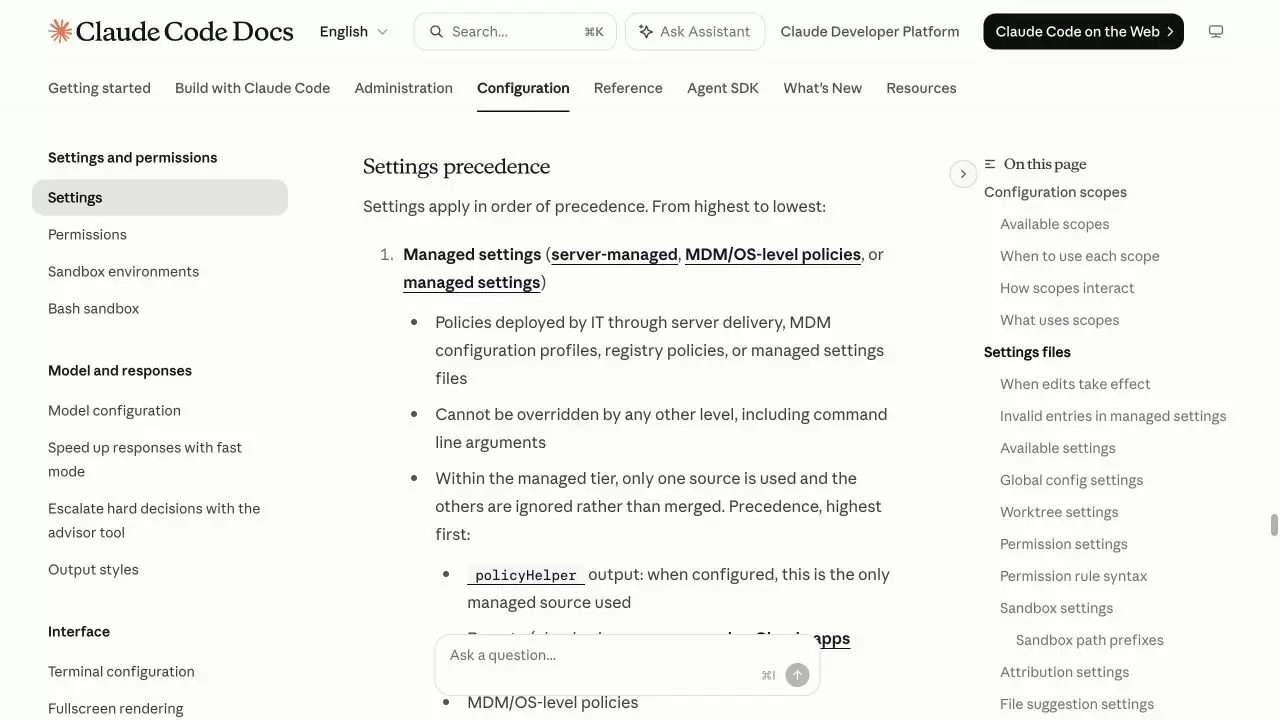 Claude Code 官方设置页展示 Managed 等设置来源的优先级顺序
