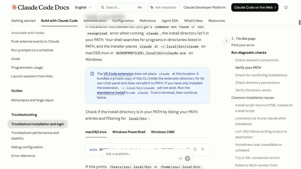 Claude Code 官方排错页说明原生二进制位于用户目录 .local bin 并要求检查 PATH