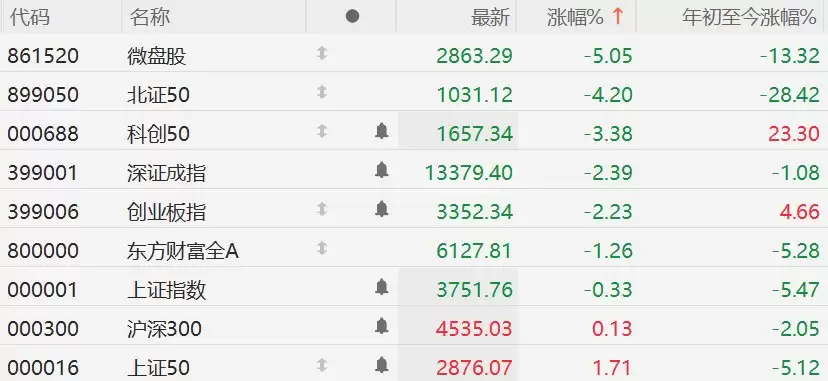 微盘股指数大跌5%：科创50跌超3%