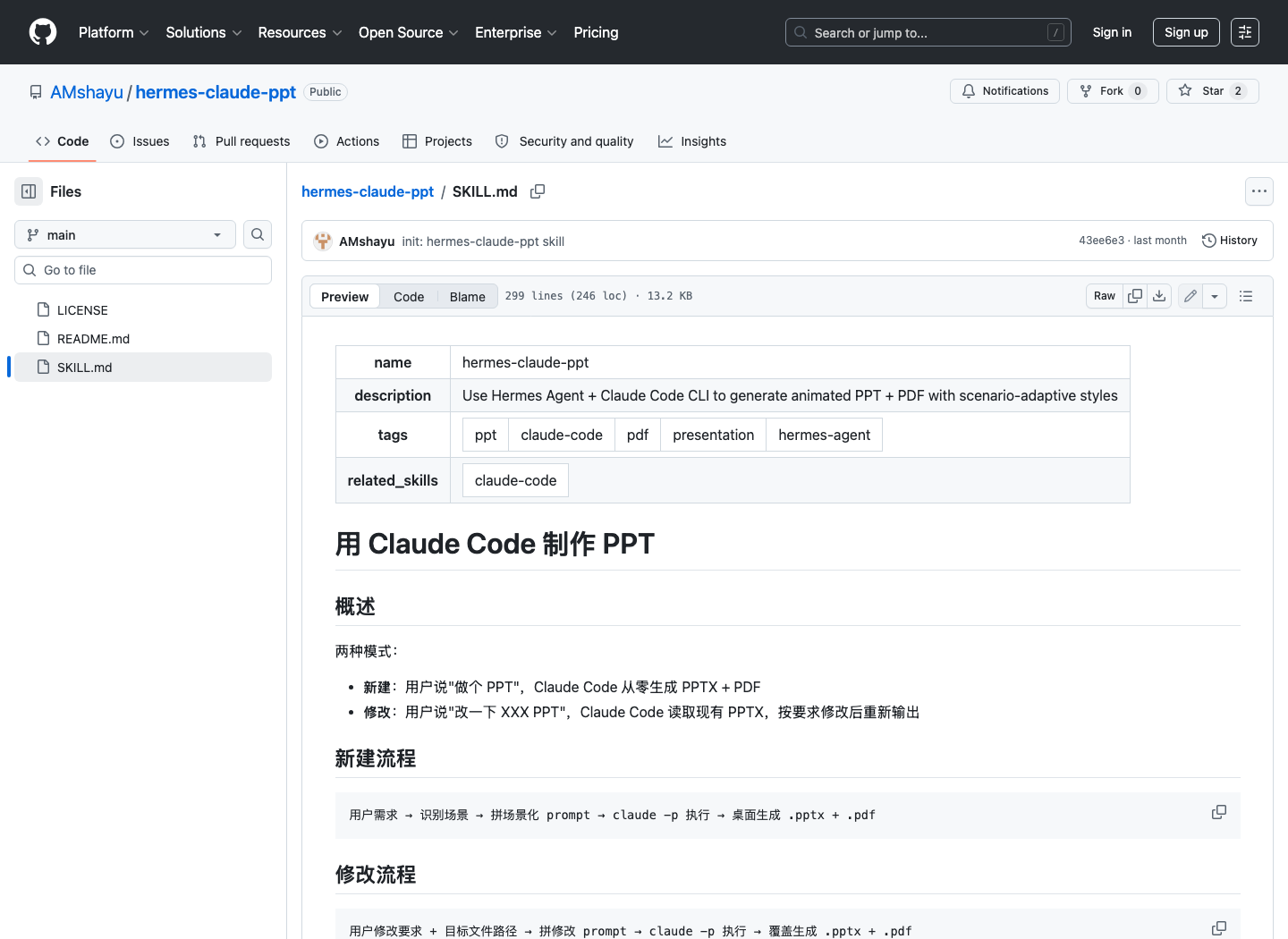 AMshayu/hermes-claude-ppt 仓库 SKILL.md 源文件截图，页面展示 name、description、tags、related_skills 和新建 PPT 流程