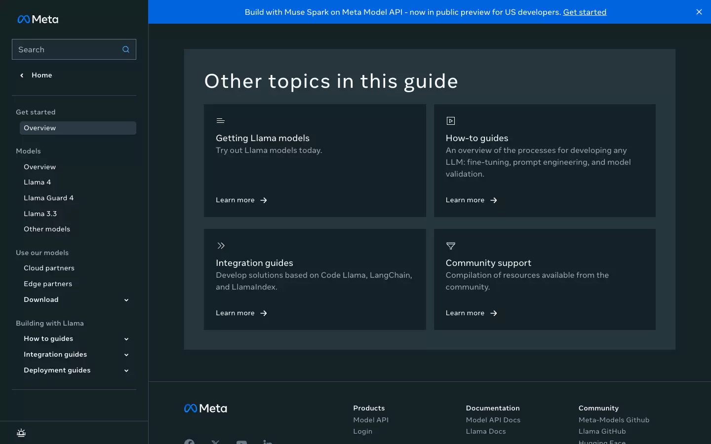 Meta Llama 文档 Other topics in this guide 区域，显示 Getting Llama models、How-to guides、Integration guides 和 Community support