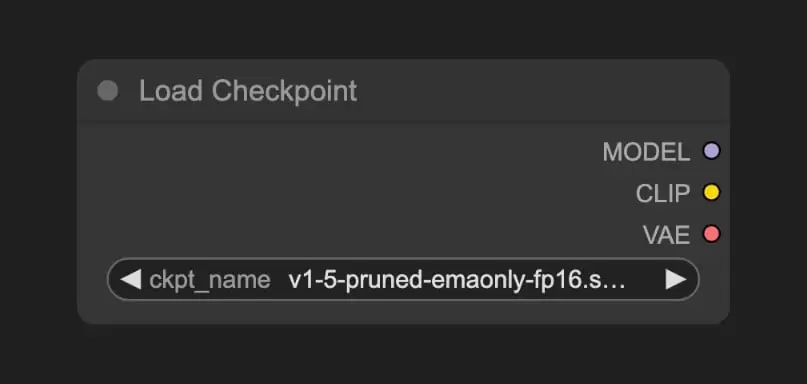 ComfyUI Load Checkpoint 节点显示 ckpt_name 模型选择框以及 MODEL、CLIP、VAE 输出端口