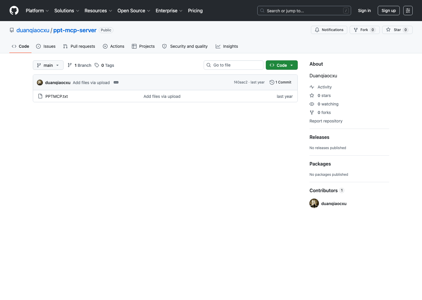 duanqiaocxu/ppt-mcp-server GitHub 仓库首页截图，文件区只有 PPTMCP.txt，右侧显示仓库说明、0 stars、0 forks 和 no releases published