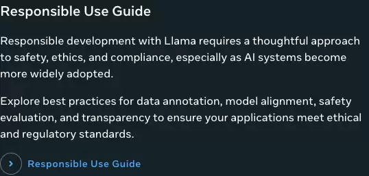 Meta Llama How-to guides 中的 Responsible Use Guide 卡片,说明安全、伦理、合规和透明度