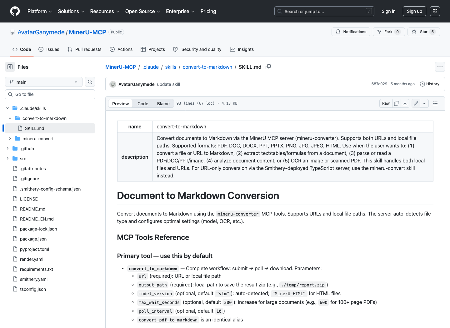 AvatarGanymede/MinerU-MCP 仓库 .claude/skills/convert-to-markdown/SKILL.md 页面截图,内容说明 convert-to-markdown skill 支持 URL 和本地文件路径,并以 convert_to_markdown 作为默认转换工具