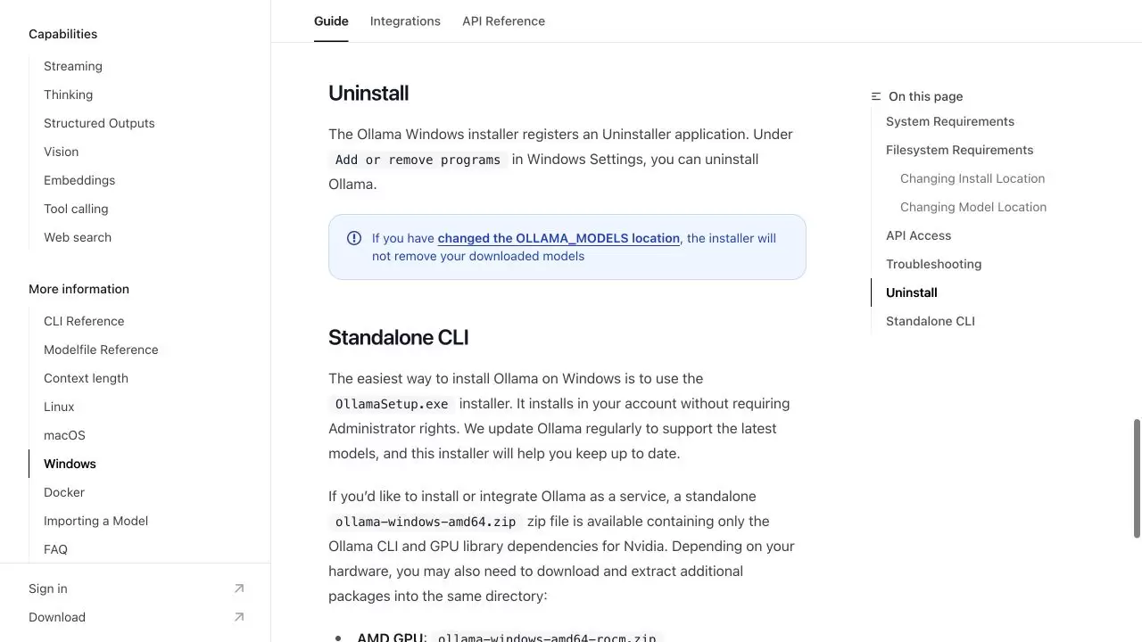 Ollama 官方 Windows 文档说明从 Windows 设置卸载并提示自定义模型目录不会自动删除