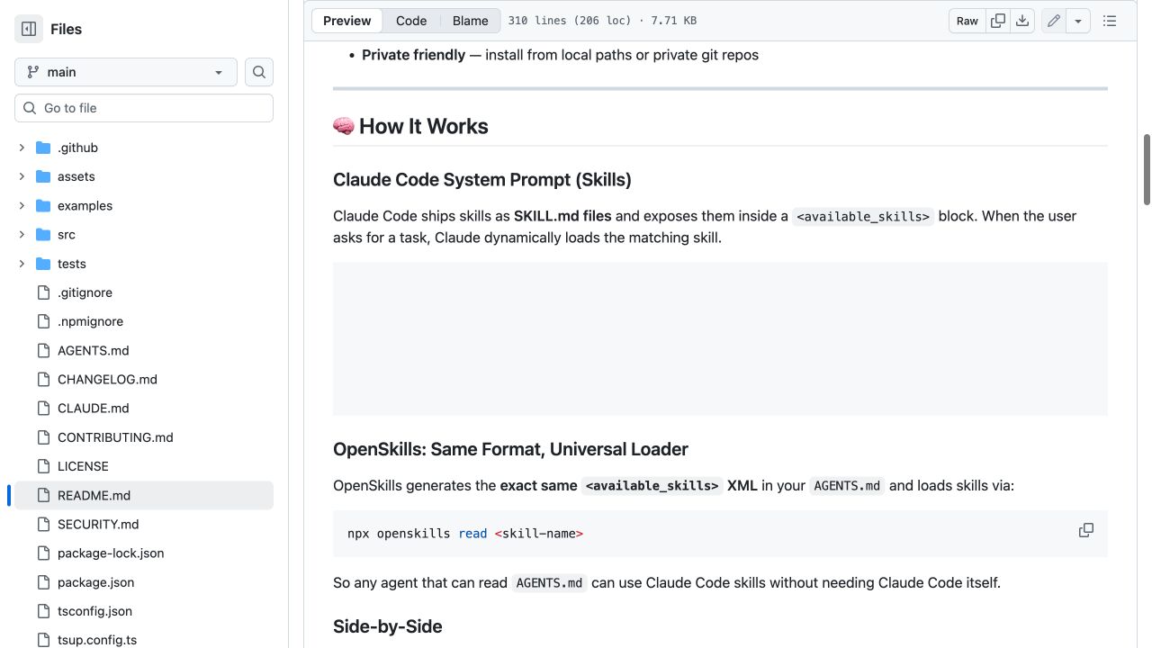 OpenSkills 官方 README 展示 available_skills 索引与按需读取机制