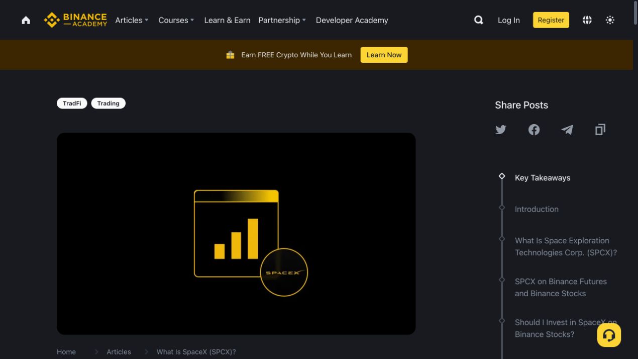 币安学院SpaceX专题页面列出SPCX在Binance Futures和Binance Stocks中的产品说明