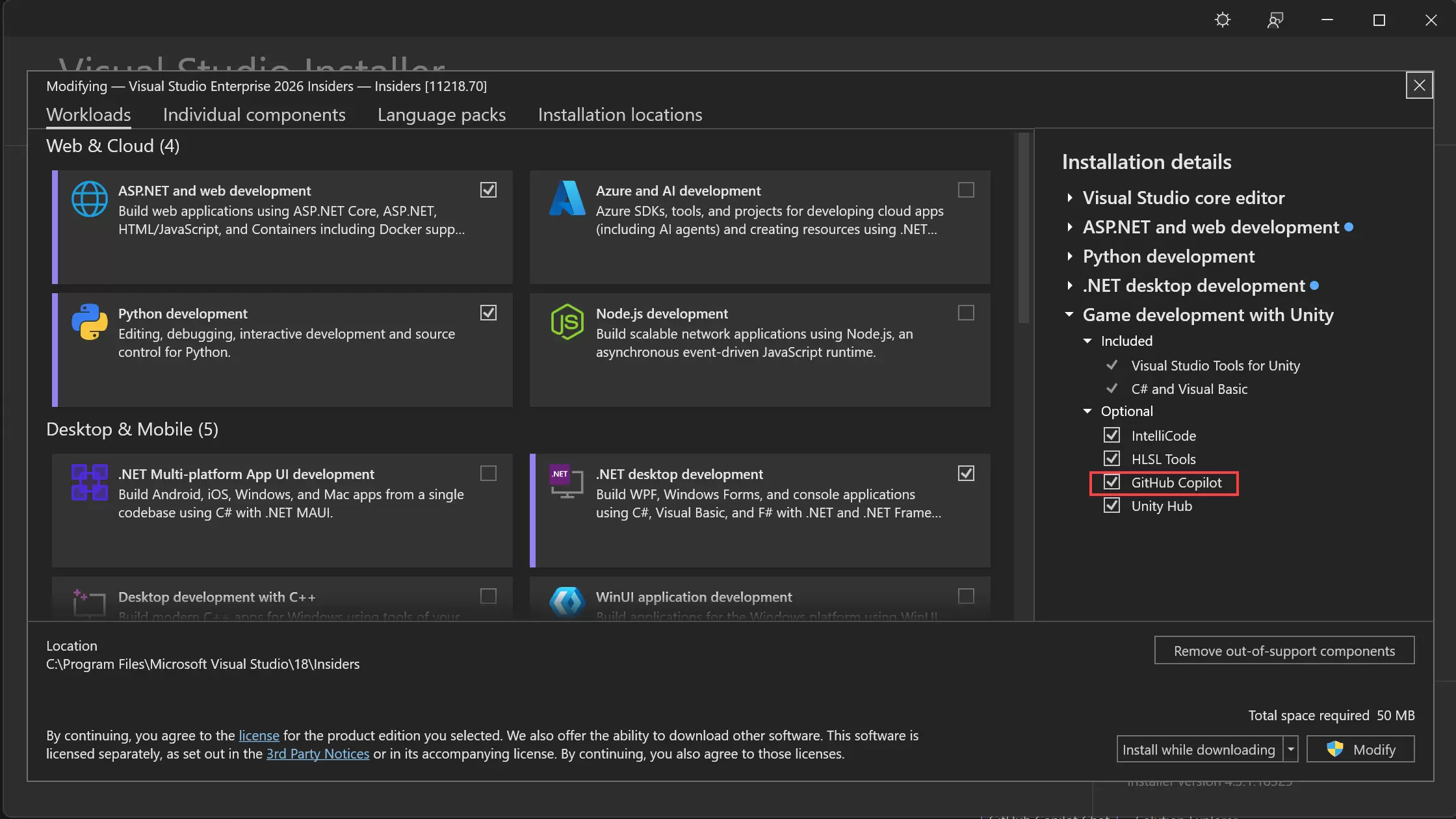 Visual Studio Installer 的工作负载页面在 Optional 组件中勾选 GitHub Copilot，右下角显示 Modify 按钮